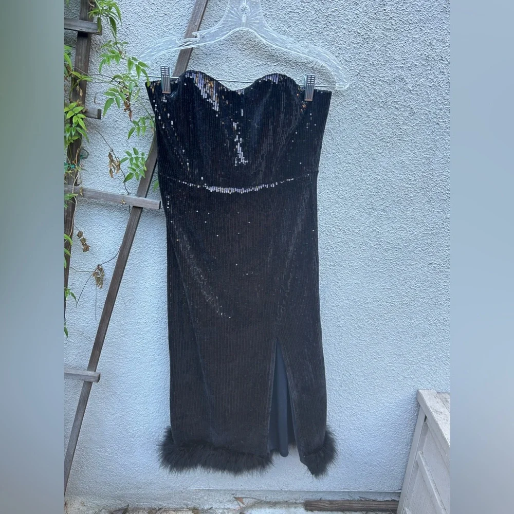 NBD Kalindi Midi Dress in Black Sequin & Feather Trim Size Medium - Picture 4 of 10
